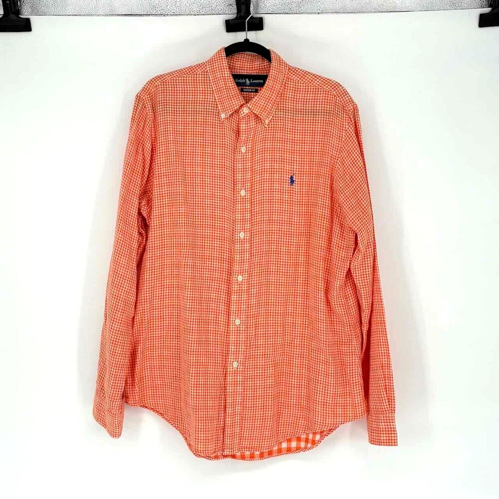 Ralph Lauren Custom Fit Men's Orange & White Check Button Down Shirt - Size L